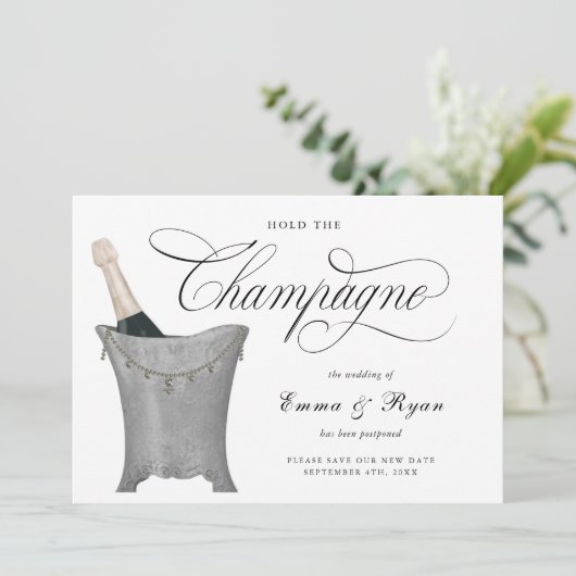 シャンパンを待ってください 結婚式の日程変更のお知らせカード 案内状 (スタンド正面)
