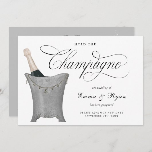 シャンパンを待ってください 結婚式の日程変更のお知らせカード 案内状 (正面/裏面)