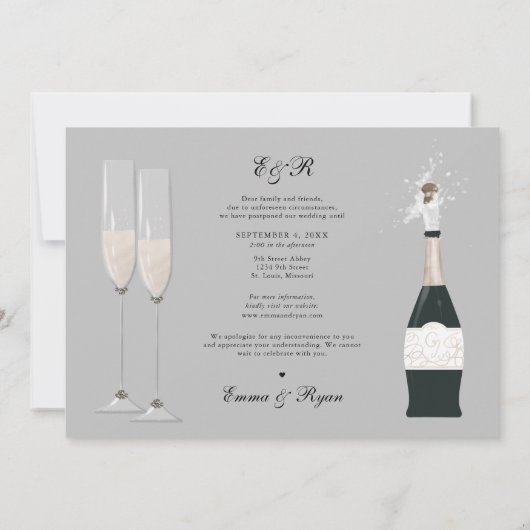 シャンパンを待ってください 結婚式の日程変更のお知らせ 案内状 (裏面)