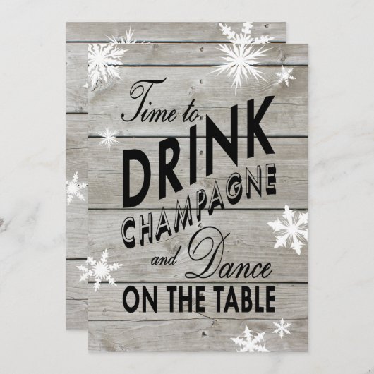 シャンパンを飲む時間を招待するスノーフレークの結婚式 招待状 (正面/裏面)