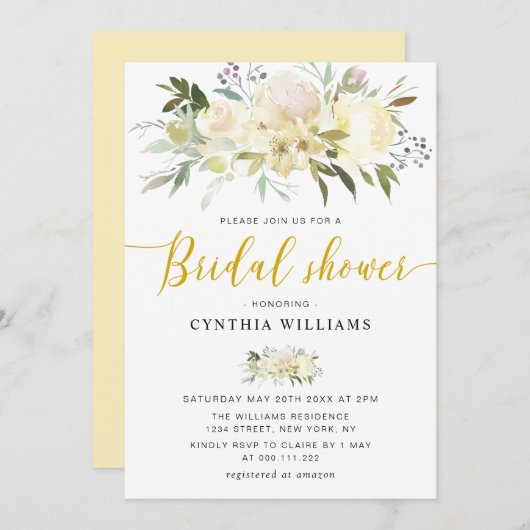 シャンパンアイボリーフローラブライダルシャワー 招待状 (正面/裏面)