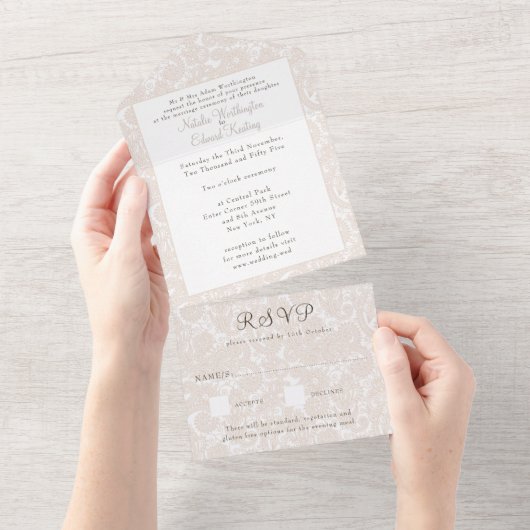 シャンパンアイボリーレースフィリグリーペイズリーウェディングRSVP オールインワン招待状 (貼ってはがせる)