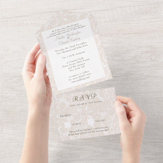 シャンパンアイボリーレースフィリグリーペイズリーウェディングRSVP オールインワン招待状