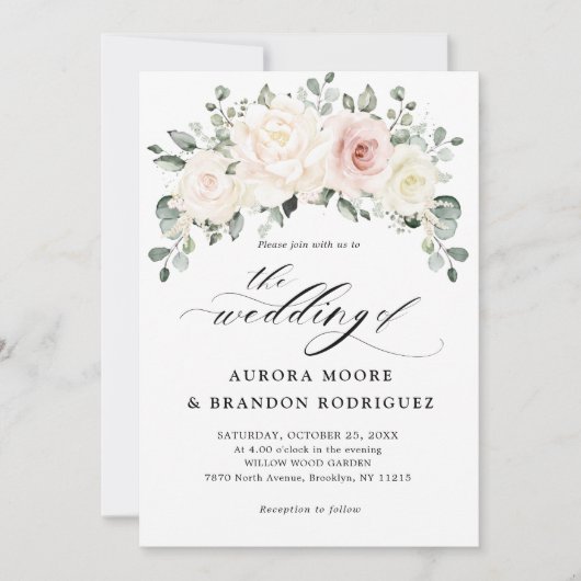 シャンパンアイボリー赤面ピンクフローラグリーナリー結婚ズ 招待状 (正面)