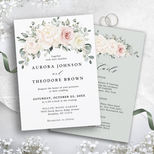 シャンパンアイボリー赤面ピンクフローラグリーナリー結婚ズ 招待状