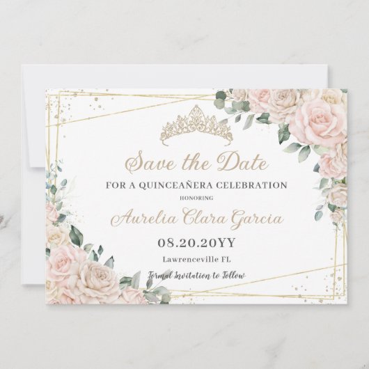 シャンパンアイボリー赤面フローラキンセアニラスウィート16 セーブザデート (正面)