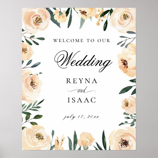 シャンパンウォーターカラーフローラデザイン結婚ズウェルカム ポスター (正面)