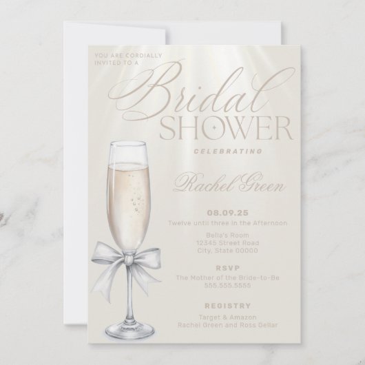 シャンパンエレガントとボウブライダルシャワーの招待状 招待状 (正面)