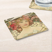 シャンパンガールアルフォンスミュシャコアスター スクエアペーパーコースター (アングル)