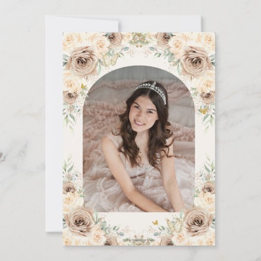 シャンパンクリームフローラスウィート16キンセアニラ写真 招待状 (裏面)