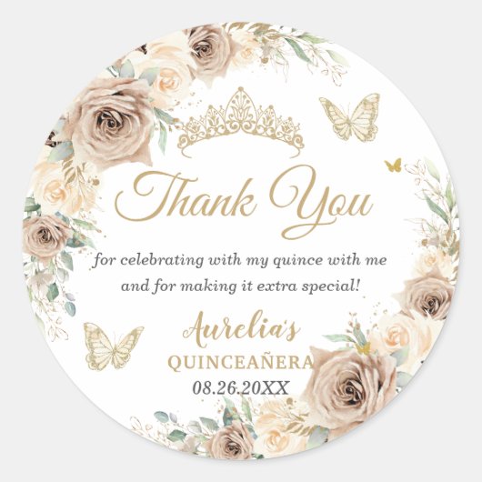 シャンパンクリームベージュの花柄のキニエーニェラ・スイート16 ラウンドシール (正面)