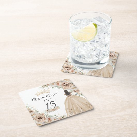 シャンパンクリームベージュフローラプリンセスキンセアニラ スクエアペーパーコースター (インサイチュ)