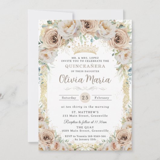 シャンパンクリームベージュフローラヴィンテージキンセアニェラ 招待状 (正面)