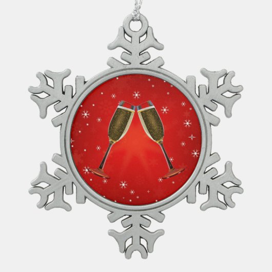 シャンパングラスお祝い金ゴールドオンレッド スノーフレークピューターオーナメント (正面)