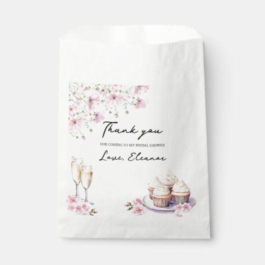 シャンパングラスとカップケーキピンクのワイルドフラワー フェイバーバッグ (正面)