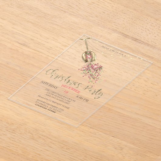 シャンパングラスとゴールドのイルミネーションが輝くクリスマスパーティーの招待状 アクリル招待状 (レイダウン)