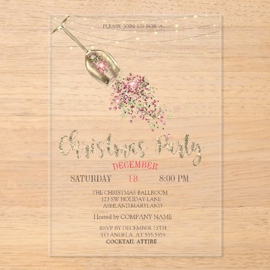 シャンパングラスとゴールドのイルミネーションが輝くクリスマスパーティーの招待状 アクリル招待状 (正面)