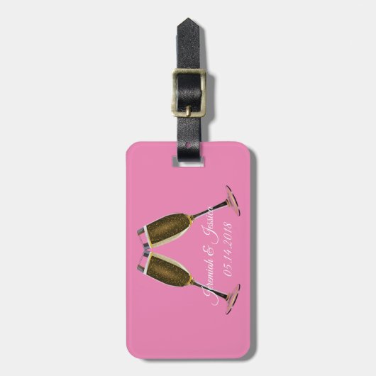 シャンパングラスとピンクの背景 ラゲッジタグ (正面縦)