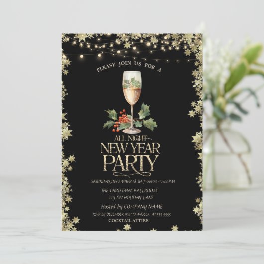 シャンパングラスとホリーデベリーのコックテイルスターズのホリデー 招待状 (スタンド正面)