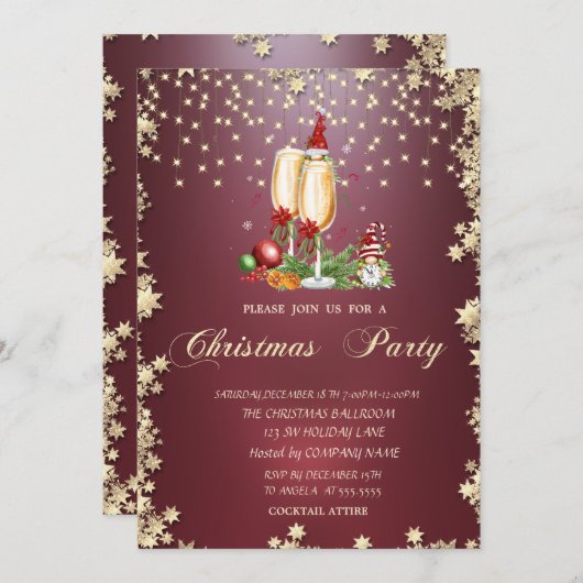 シャンパングラスと星とノームのクリスマスパーティー 招待状 (正面/裏面)
