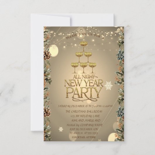 シャンパングラスと枝のクリスマス パーティー招待状 招待状 (正面)