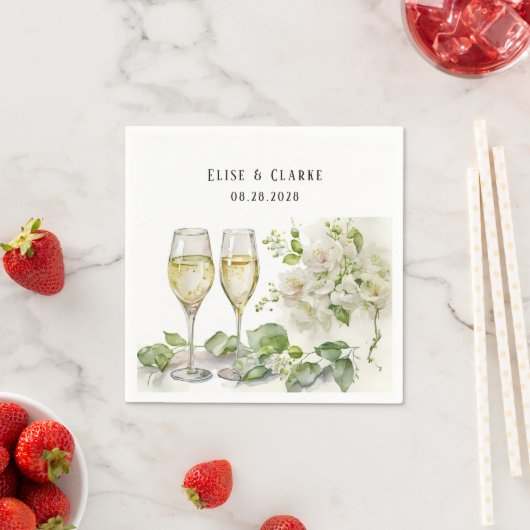 シャンパングラスと花模様カスタムウェディング スタンダードカクテルナプキン (インサイチュ)