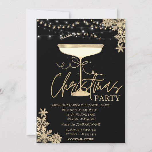 シャンパングラスと雪の結晶のクリスマス パーティー招待状 招待状 (正面)