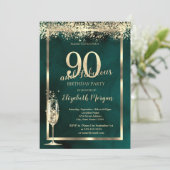 シャンパングラスのゴールドコンフェッティ グリーン 90歳の誕生日 招待状 (スタンド正面)