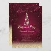 シャンパングラスのゴールドボケローズレッドリタイアメント 招待状 (正面/裏面)