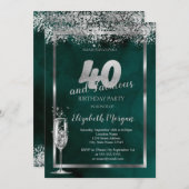 シャンパングラスのシルバーコンフェッティ グリーン 40th 招待状 (正面/裏面)