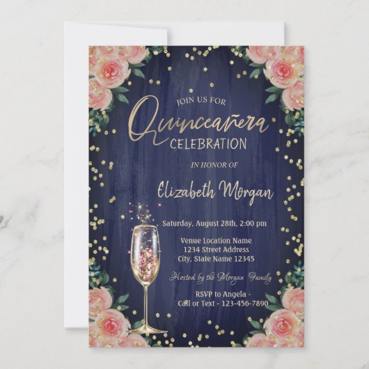 シャンパングラスのダイヤモンドと花のキンセアニエラ 招待状 (正面)