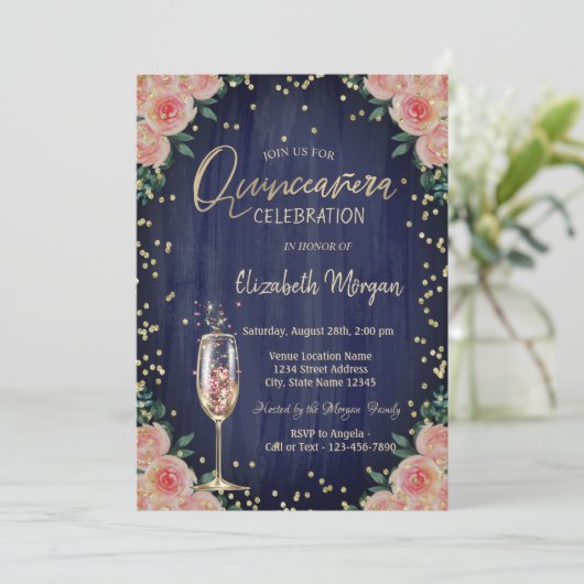 シャンパングラスのダイヤモンドと花のキンセアニエラ 招待状 (スタンド正面)