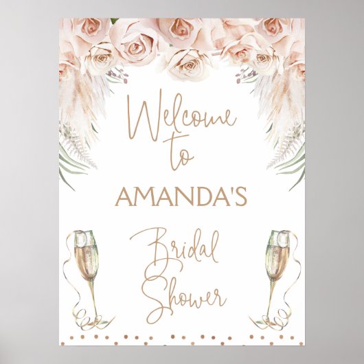 シャンパングラスのボホ ブランチ ブライダルシャワー ウェルカム ポスター (正面)
