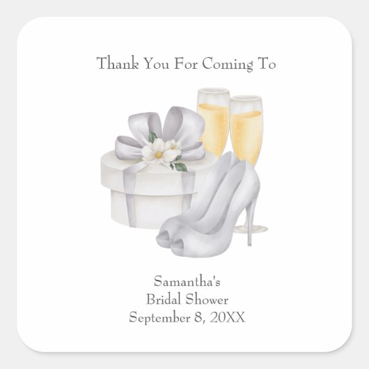シャンパングラスの花嫁の靴 ブライダルシャワープレゼント スクエアシール (正面)