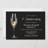 シャンパングラスの花柄 1周年結婚記念日 招待状 (正面)