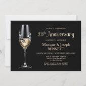 シャンパングラスの花柄 25周年結婚記念日 招待状 (正面)