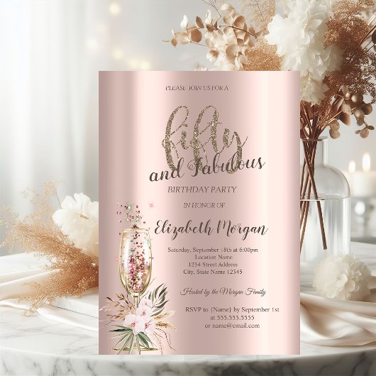 シャンパングラスの花 ローズゴールド 50周年 招待状