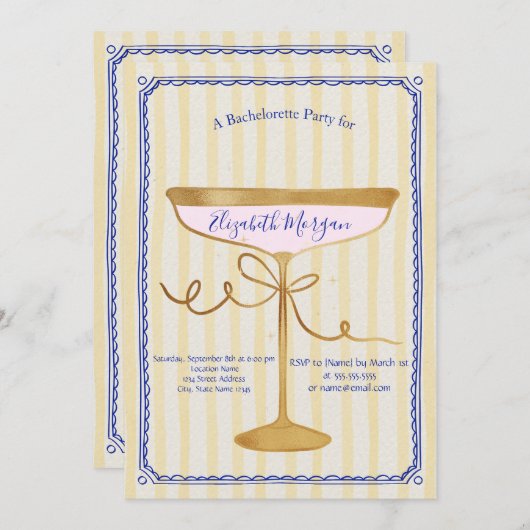 シャンパングラスイエローストライプバチェロレッテ 招待状 (正面/裏面)