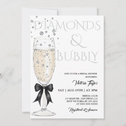 シャンパングラスエレガントボウブライダルシャワー 招待状 (正面)