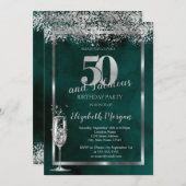 シャンパングラスシルバー紙吹雪グリーン50th 招待状 (正面/裏面)