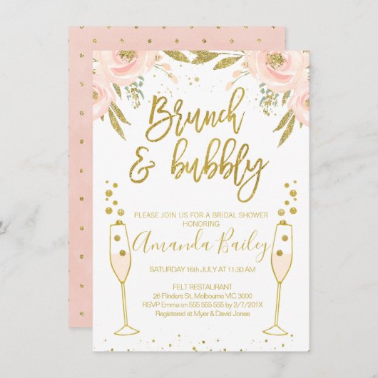 シャンパングラスブランチブライダルシャワーインビテーション 招待状 (正面/裏面)