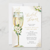 シャンパングラスホワイト&金ゴールドフローラブライダルシャワー 招待状 (正面)