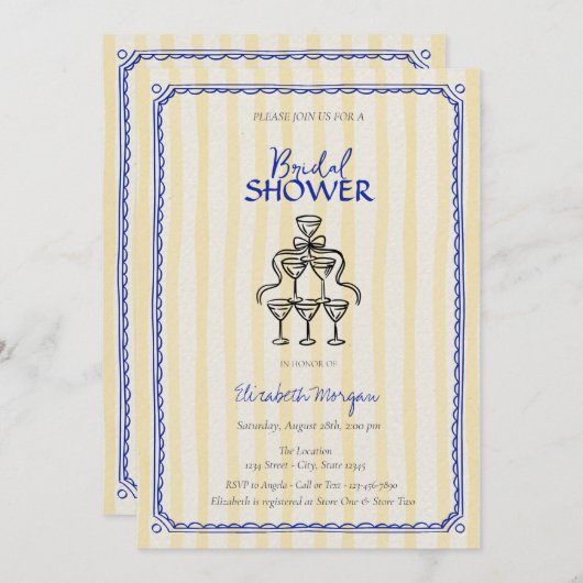 シャンパングラスボウイエローストライプブライダルシャワー 招待状 (正面/裏面)