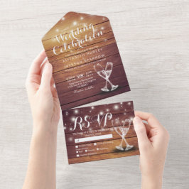 シャンパングラス素朴ウッドストリングライト結婚ズ オールインワン招待状