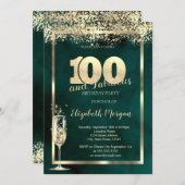 シャンパングラス金ゴールド紙吹雪グリーン100誕生日 招待状 (正面/裏面)
