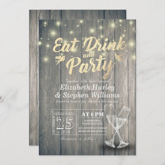 シャンパングラス食べウッドドリンクとパーティー結婚ズ 招待状 (正面/裏面)