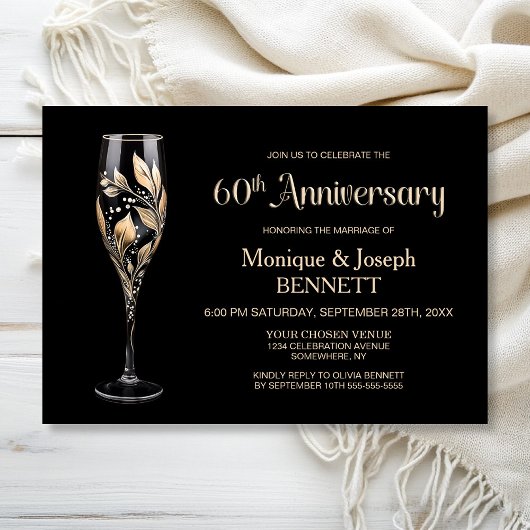 シャンパングラス ゴールドリーフ 60周年 結婚記念日 招待状