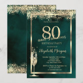 シャンパングラス ゴールド コンフェッティ 緑 80歳の誕生日 招待状 (正面/裏面)