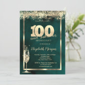 シャンパングラス ゴールド コンフェティ グリーン 100歳の誕生日 招待状 (スタンド正面)