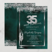 シャンパングラス シルバー コンフェティ グリーン 35歳 招待状 (正面/裏面)
